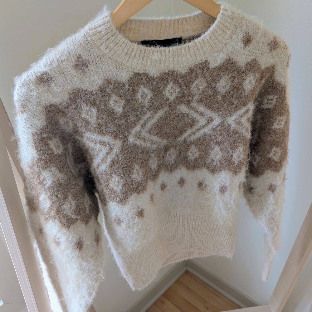 NWT Zara Brushed Fair Isle Abstract Geometric Crewneck Sweater In Ivory/Tan - XS - Picture 5 of 7